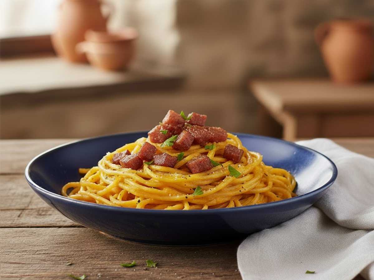 un piatto di carbonara con crema di zucca