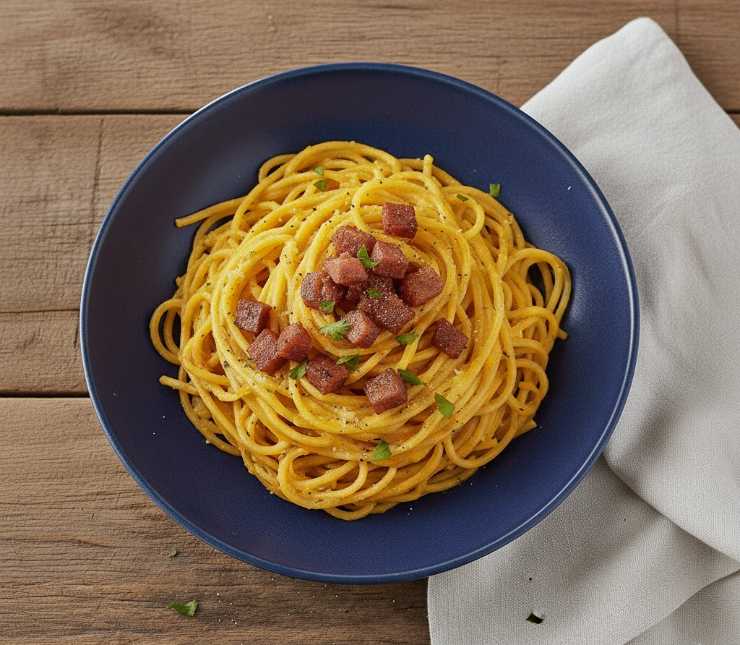 spaghetti alla carbonara con crema di zucca