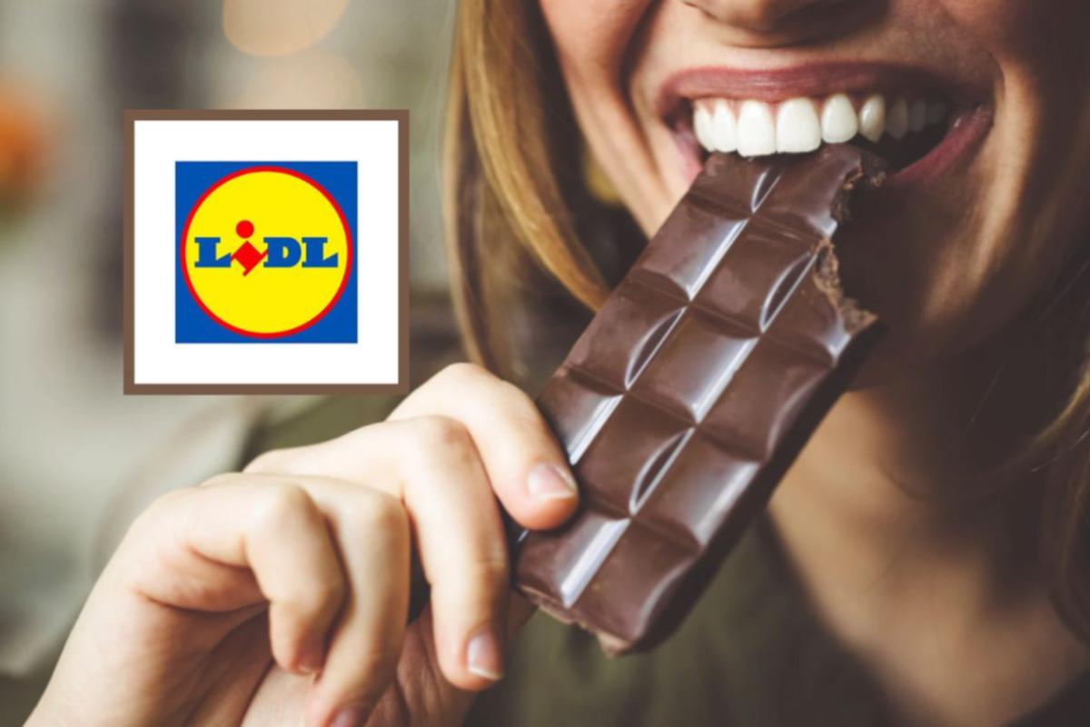 donna che mangia una tavoletta di cioccolato e nel riquadro il logo di lidl