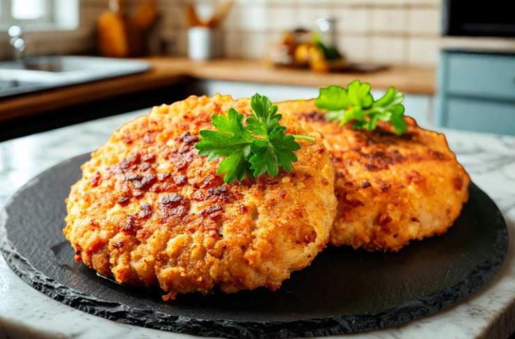 cotolette croccanti dorate su un piatto sopra il ripiano della cucina