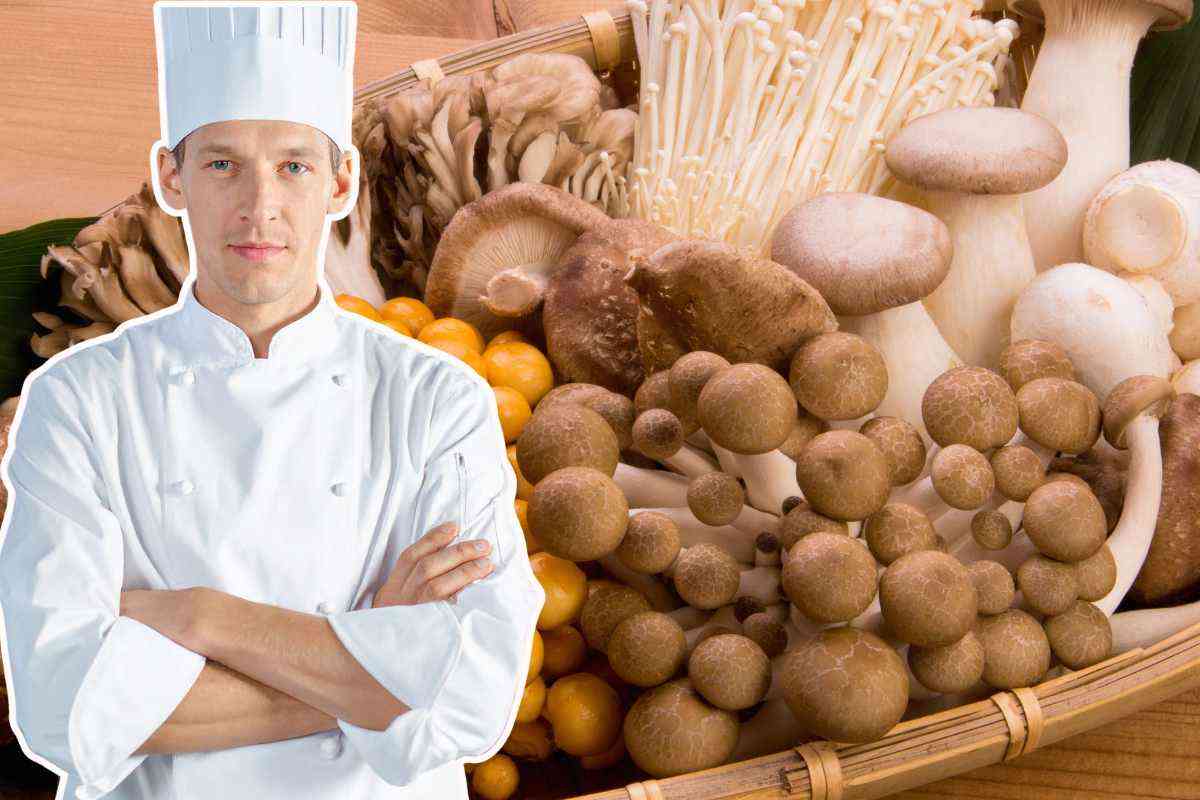 chef in primo piano e cesta di funghi sullo sfondo