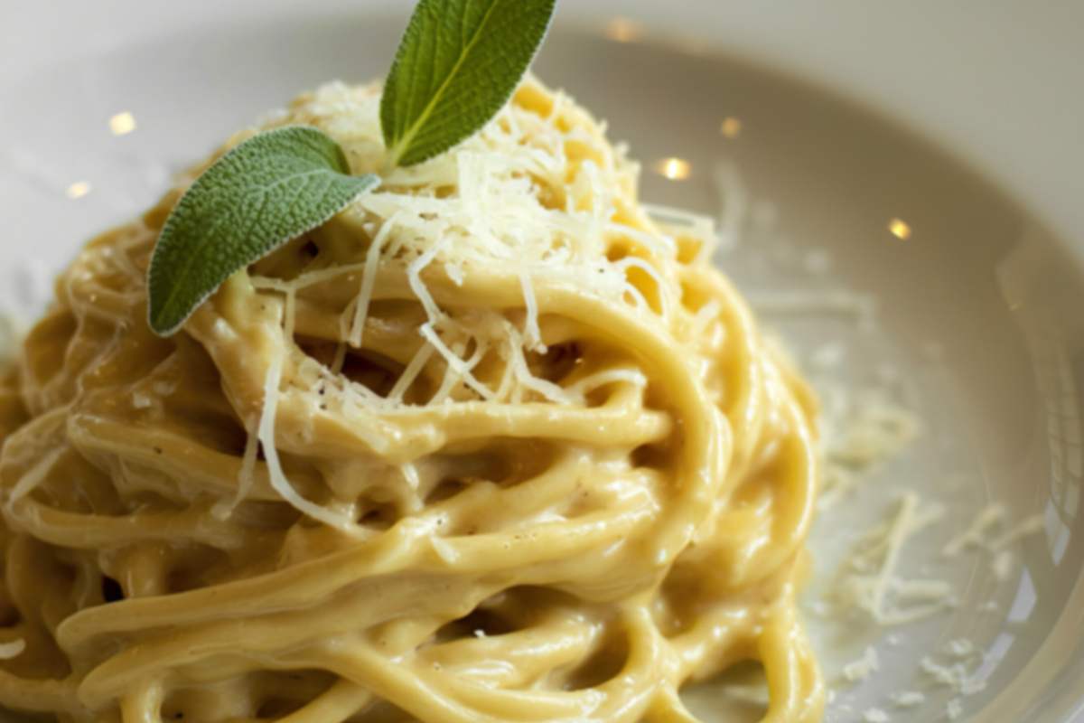 spaghetti cremosi con pesto di nocciole e salvia
