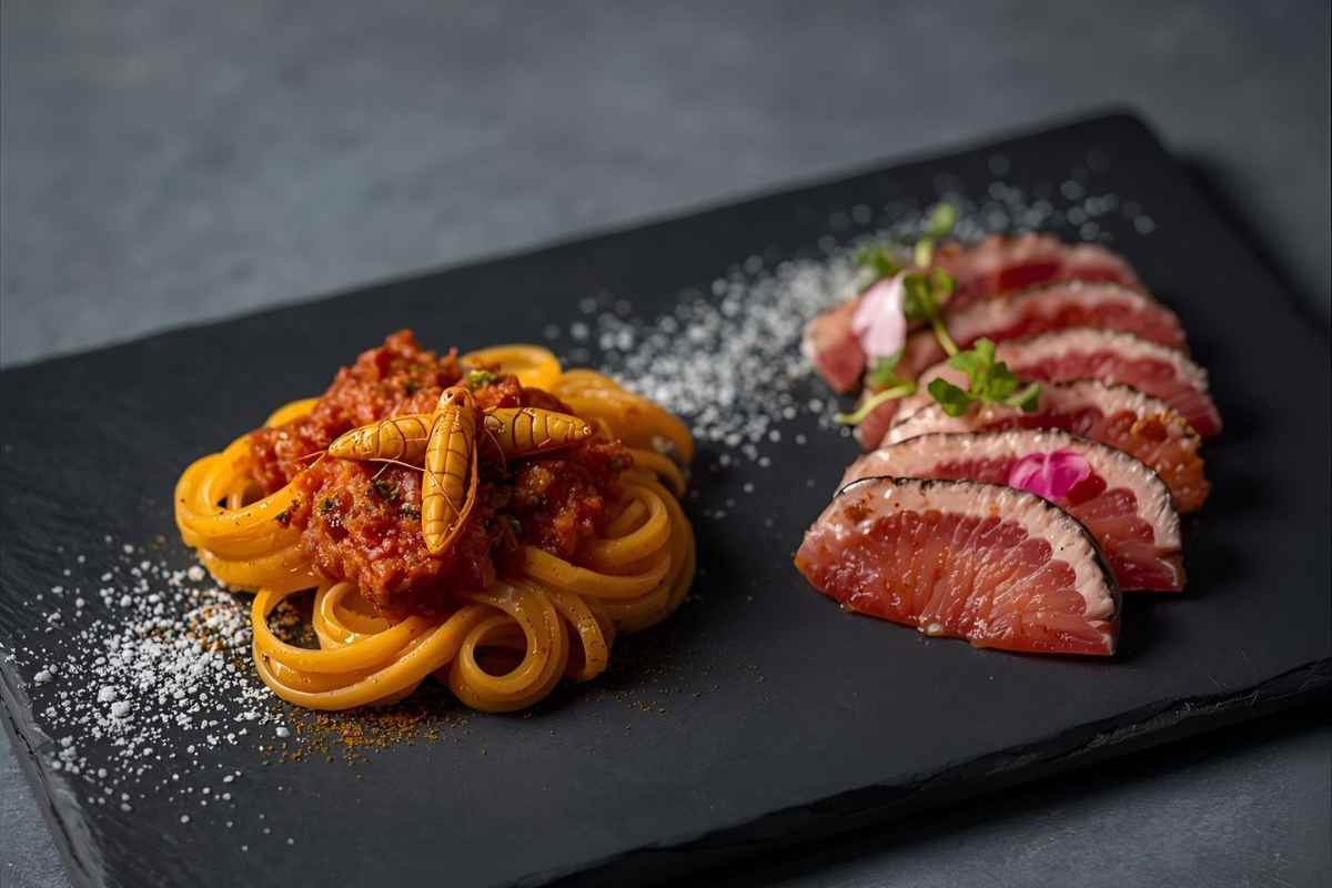tagliatelle con ragù e cavallette, carpaccio di carne di balena