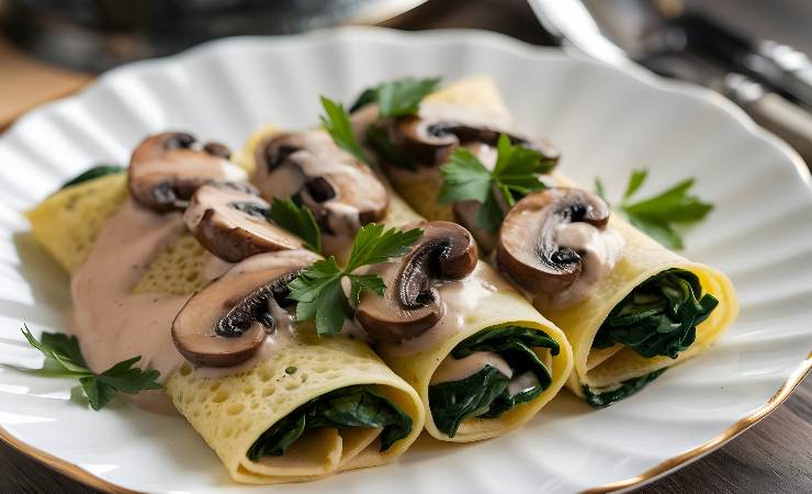 piatto con crespelle funghi e spinaci