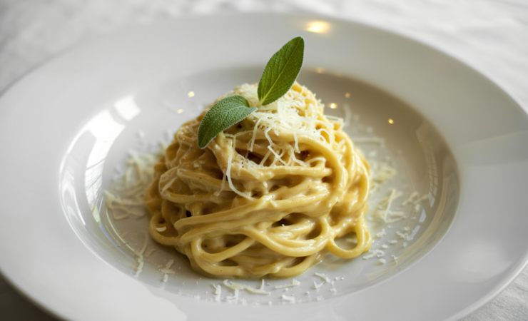 piatto con spaghetti cremosi al pesto di nocciole e salvia