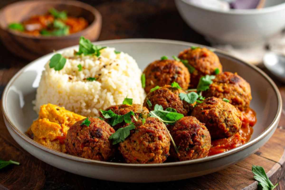 polpette vegetali su un piatto con del purè di verdure e del riso