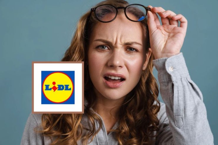 donna con espressione stupita che si solleva gli occhiali e logo lidl