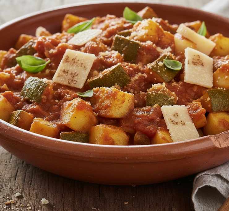 zuccine con patate, parmigiano e sugo di pomodoro