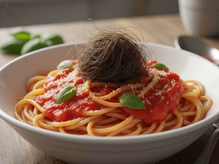 piatto di spaghetti al pomodoro e groviglio di capelli